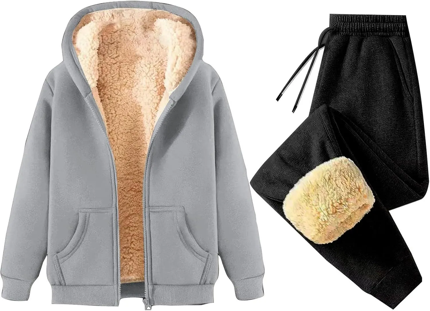 Miyaomn Women's Fleece Sweatsuit 2 Piece Outfit Winter Sherpa Lined Tracksuit Warm Thick Hooded Jacket and Jogging Pants Sets