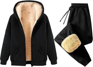 Miyaomn Women's Fleece Sweatsuit 2 Piece Outfit Winter Sherpa Lined Tracksuit Warm Thick Hooded Jacket and Jogging Pants Sets