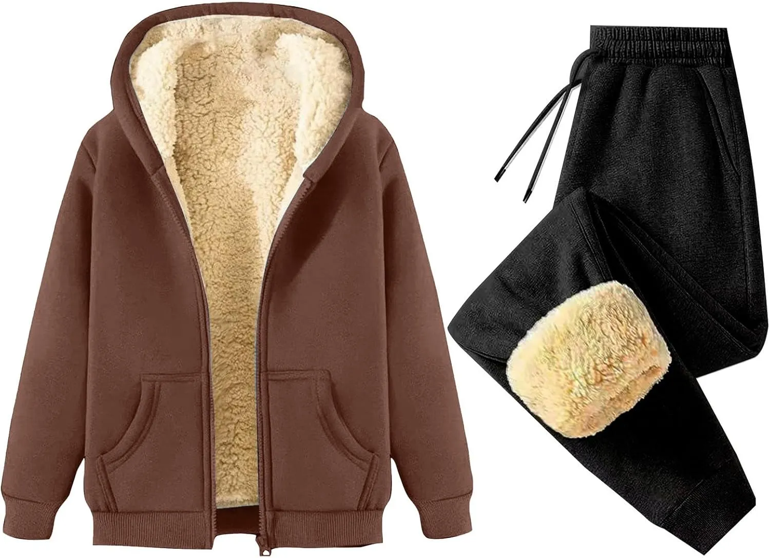 Miyaomn Women's Fleece Sweatsuit 2 Piece Outfit Winter Sherpa Lined Tracksuit Warm Thick Hooded Jacket and Jogging Pants Sets
