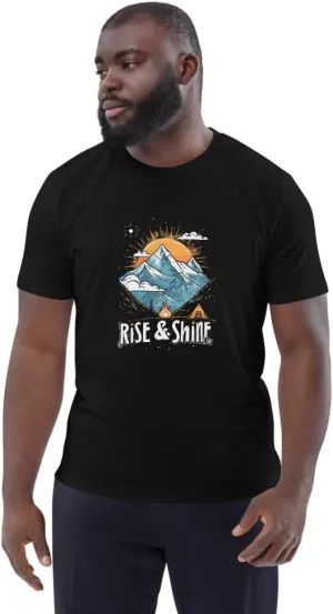 Mountain T-Shirt - Unisex Organic Cotton Tee, Adventure and Outdoor Motif, Morning Hikers Top Black, 5X-Large