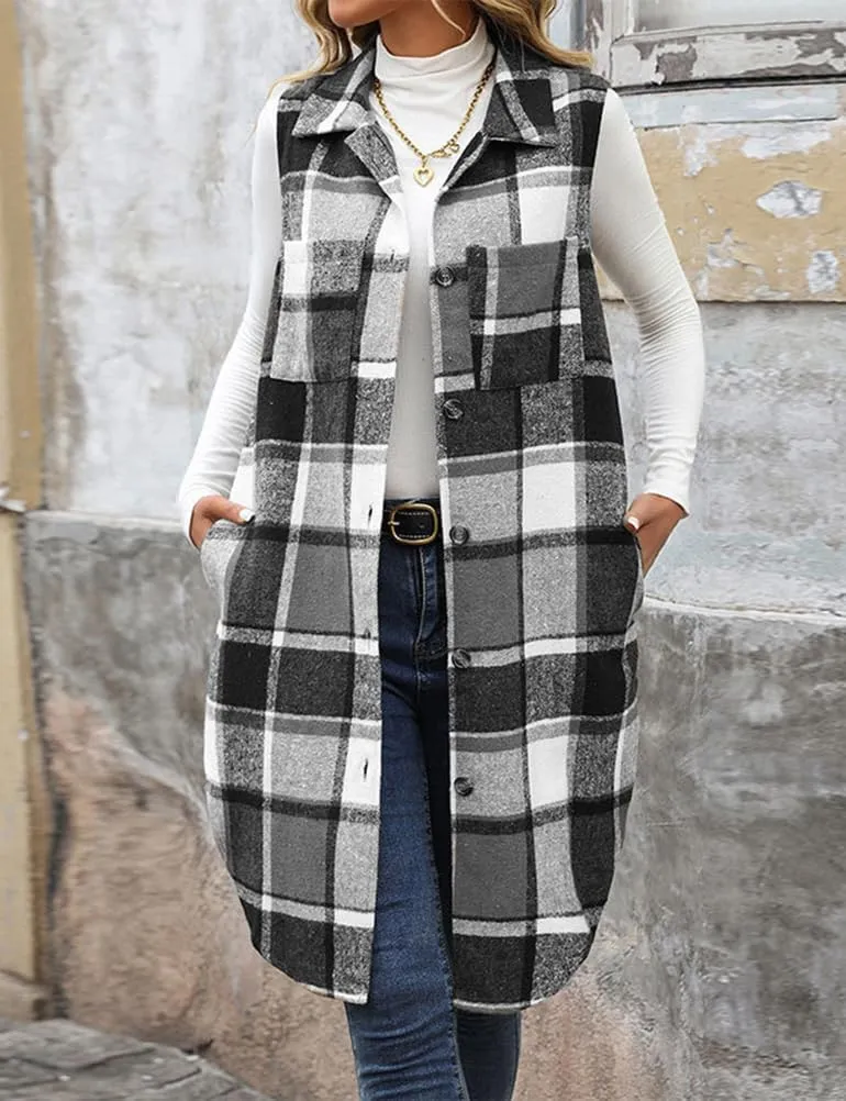 Mywinway Long Plaid Vest for Women 2025 Fall Winter Sleeveless Blazer Jackets Outerwear Trendy Tops