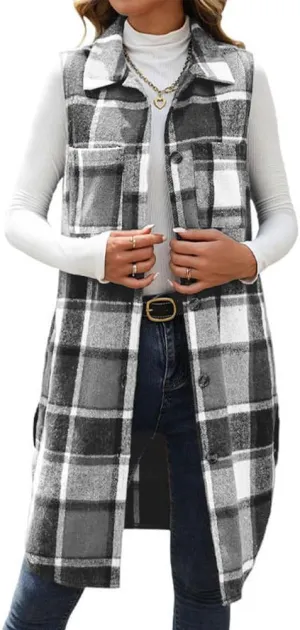 Mywinway Long Plaid Vest for Women 2025 Fall Winter Sleeveless Blazer Jackets Outerwear Trendy Tops