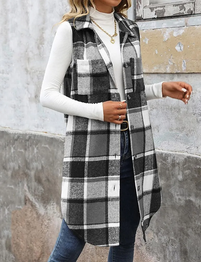 Mywinway Long Plaid Vest for Women 2025 Fall Winter Sleeveless Blazer Jackets Outerwear Trendy Tops
