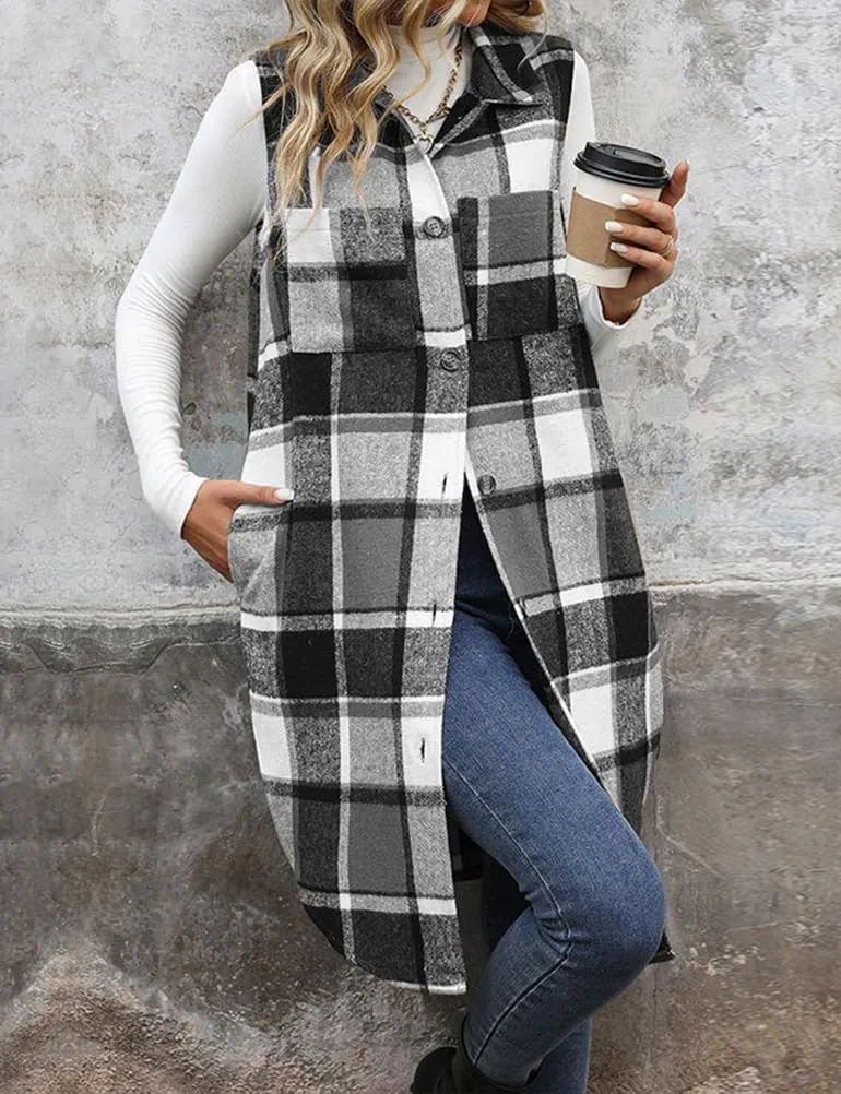 Mywinway Long Plaid Vest for Women 2025 Fall Winter Sleeveless Blazer Jackets Outerwear Trendy Tops