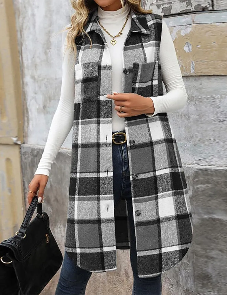 Mywinway Long Plaid Vest for Women 2025 Fall Winter Sleeveless Blazer Jackets Outerwear Trendy Tops