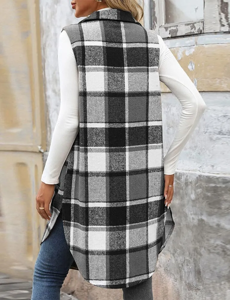 Mywinway Long Plaid Vest for Women 2025 Fall Winter Sleeveless Blazer Jackets Outerwear Trendy Tops