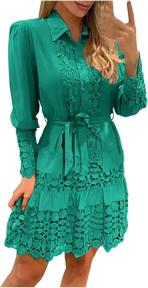 NaRHbrg Women Casual Spring Summer Dresses Long Sleeve Mini Dress Hollow Out Eyelet Embroidery Ruffle A Line Swing Dresses