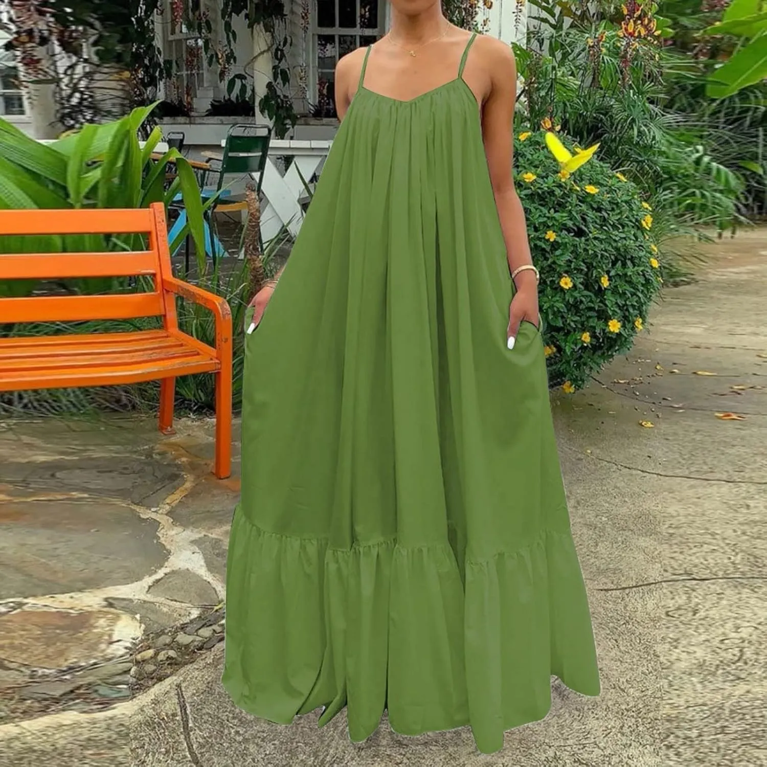 NaRHbrg Women Summer Maxi Dresses Sexy Spaghetti Strap Sleeveless Long Dress Sundress Tiered Ruffle Boho Cami Beach Dress