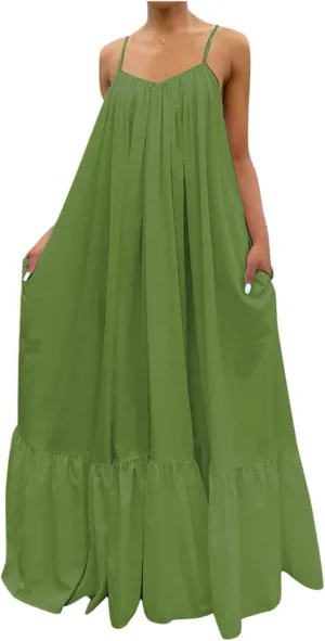 NaRHbrg Women Summer Maxi Dresses Sexy Spaghetti Strap Sleeveless Long Dress Sundress Tiered Ruffle Boho Cami Beach Dress