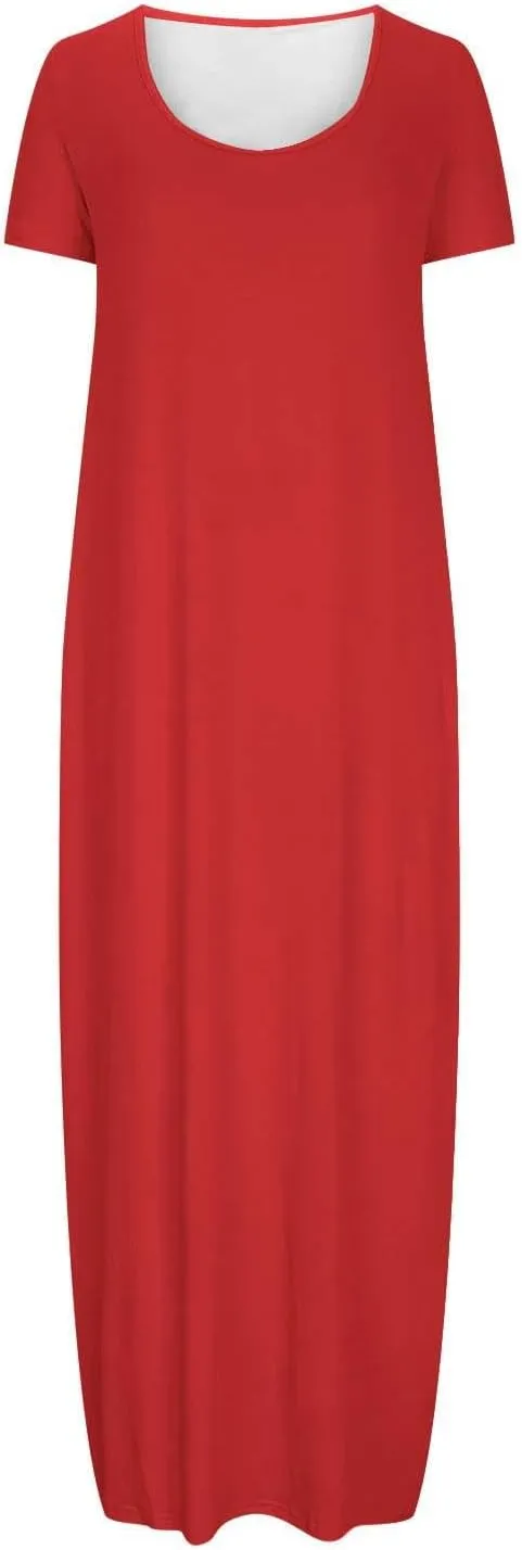 NaRHbrg Womens Summer Dress Casual Loose Plain Long Dress Round Neck Short Sleeve Maxi Dresses Crew Neck Flowy Beach Sundress