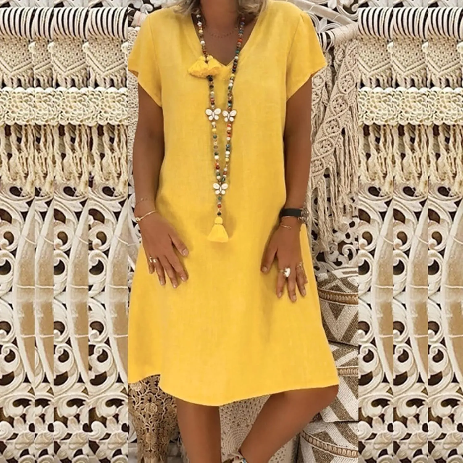 NaRHbrg Womens Summer Dress Cotton Linen Short Sleeve Mini Dresses V Neck Loose Casual Tunic Beach Sundress