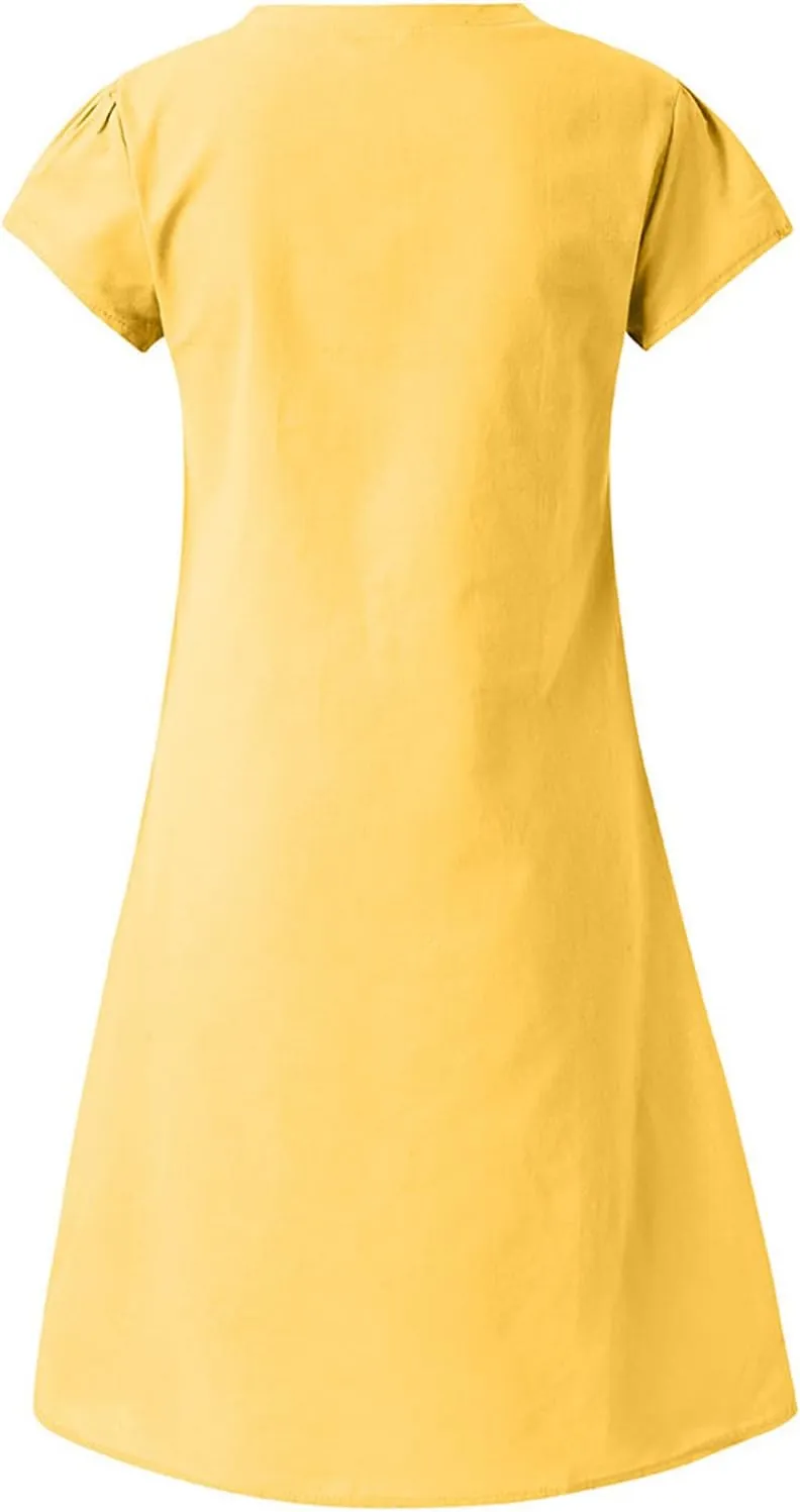 NaRHbrg Womens Summer Dress Cotton Linen Short Sleeve Mini Dresses V Neck Loose Casual Tunic Beach Sundress