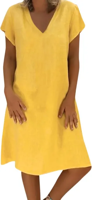 NaRHbrg Womens Summer Dress Cotton Linen Short Sleeve Mini Dresses V Neck Loose Casual Tunic Beach Sundress