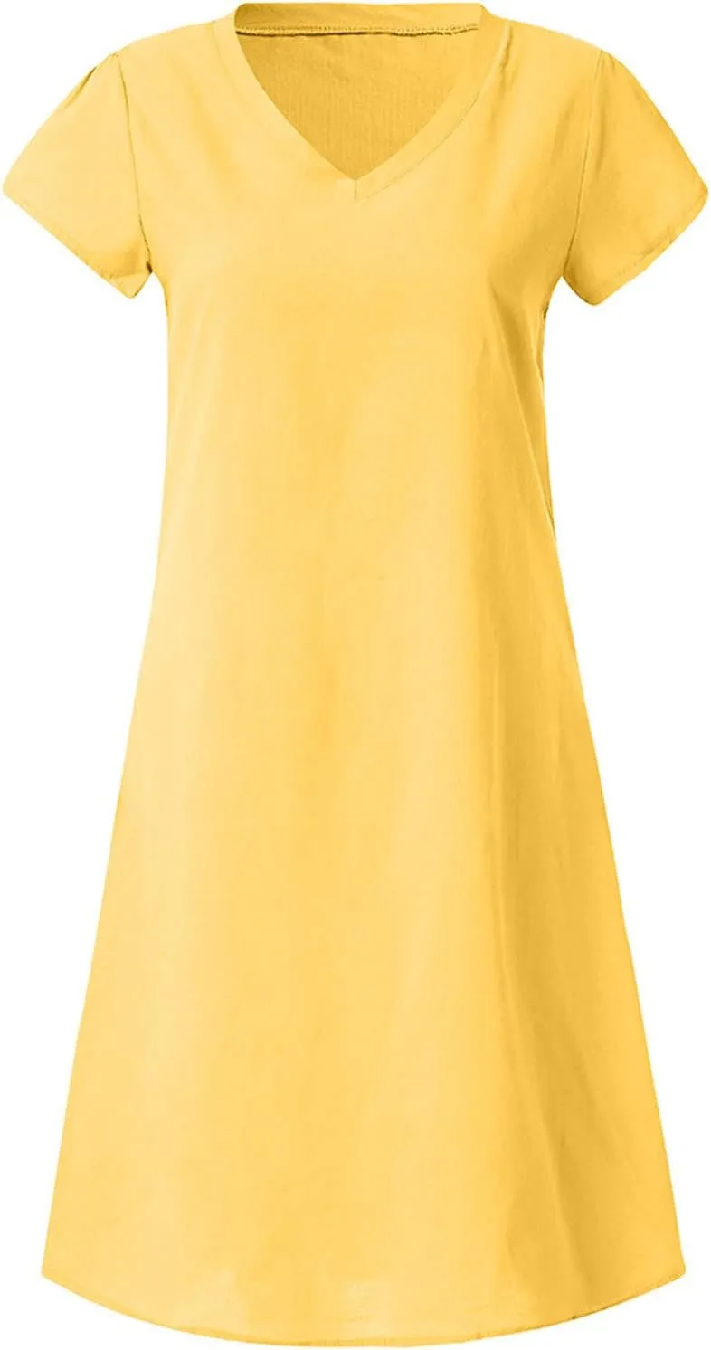 NaRHbrg Womens Summer Dress Cotton Linen Short Sleeve Mini Dresses V Neck Loose Casual Tunic Beach Sundress