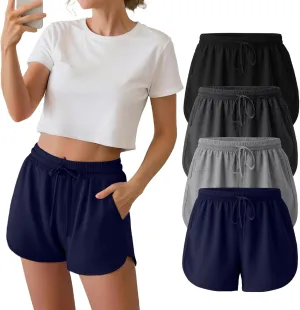 Neer 4 Pack Women's Sweat Shorts, Cotton Casual Athletic Workout Shorts with Pockets Drawstring Summer Lounge Bottoms