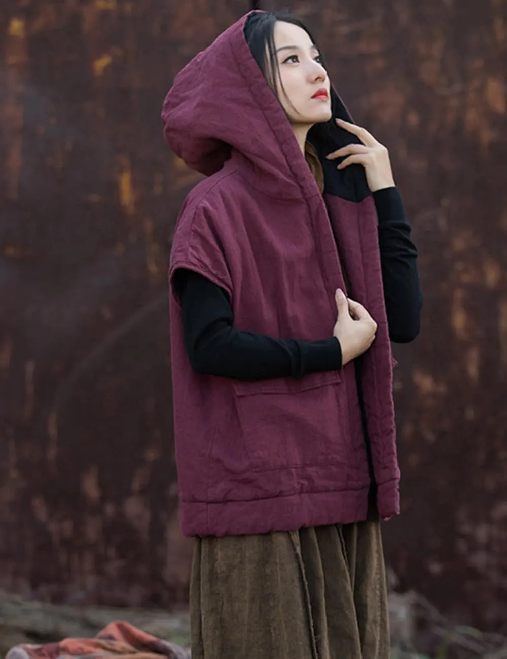 NFYM Women Winter Puffer Vest Hooded Collar Fly Sleeve Cotton Quilted Padded Jackets Coat with Pockets