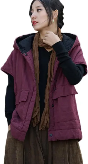 NFYM Women Winter Puffer Vest Hooded Collar Fly Sleeve Cotton Quilted Padded Jackets Coat with Pockets