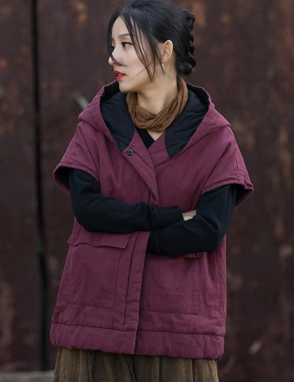 NFYM Women Winter Puffer Vest Hooded Collar Fly Sleeve Cotton Quilted Padded Jackets Coat with Pockets