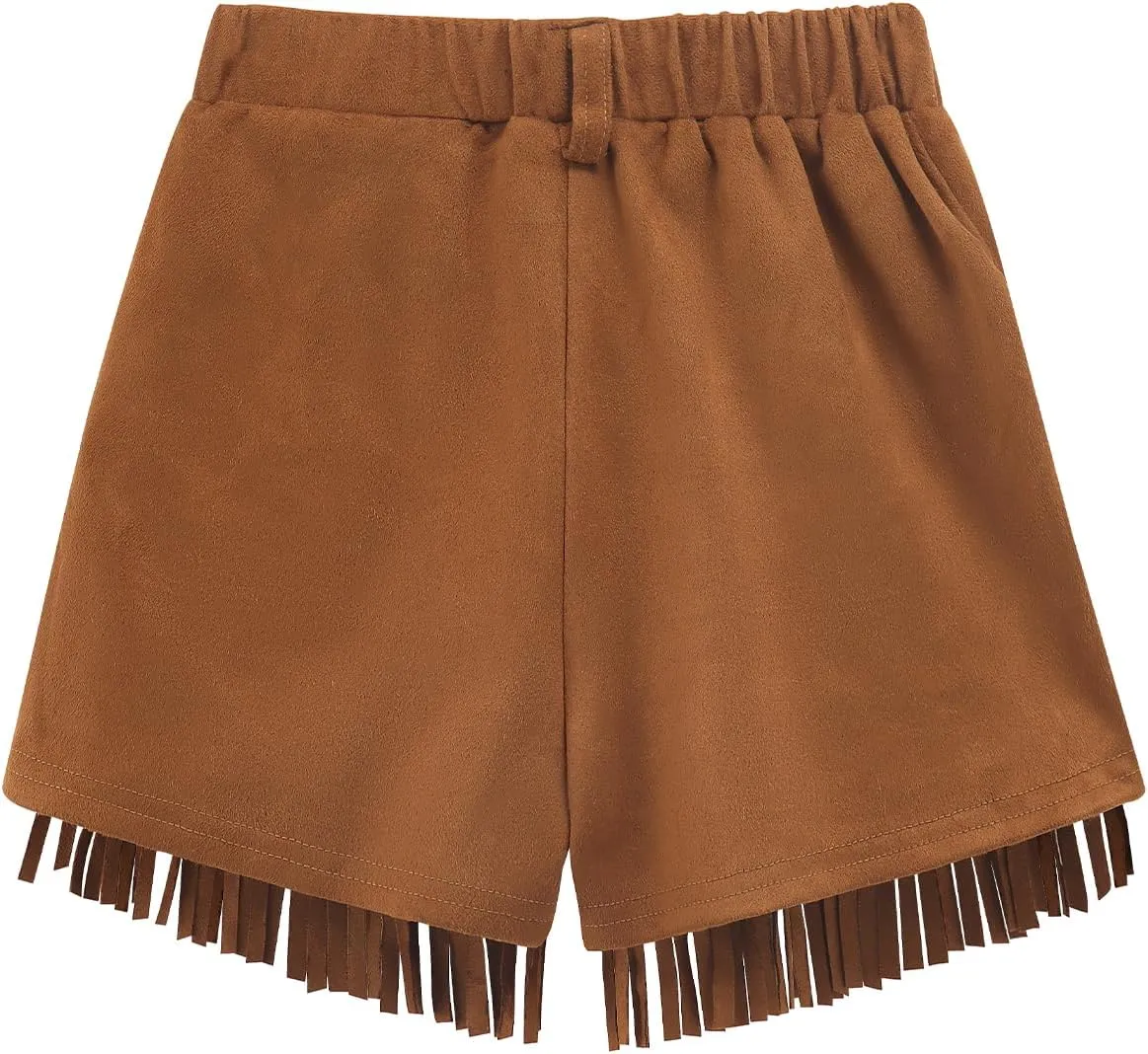 Noomelfish Kids Faux Suede Fringe Shorts Tassel Cowgirl Outfits with Pockets (5-12 Years)