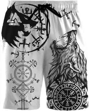 Norse Mythology Men's Shorts with Pockets, 3D Print Viking Tattoo Pants, Beach Vacation Quick Dry Gym Sport Shorts