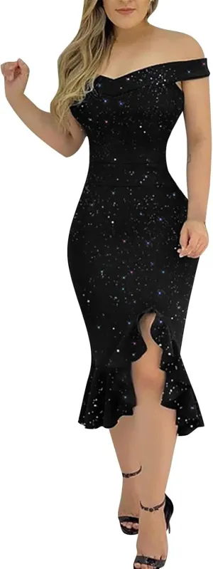 Off Shoulder Dress Ladies Sexy Slit Ruffle Irregular Hem Casual Open Back Plain Off Midi A-Line Zipper Cocktail