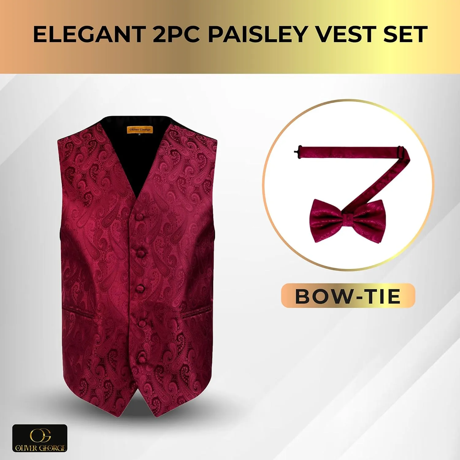 Oliver George Men's Paisley Formal Waistcoat Tuxedo Dress Vest Bow Tie Set for Suit or Tuxedo