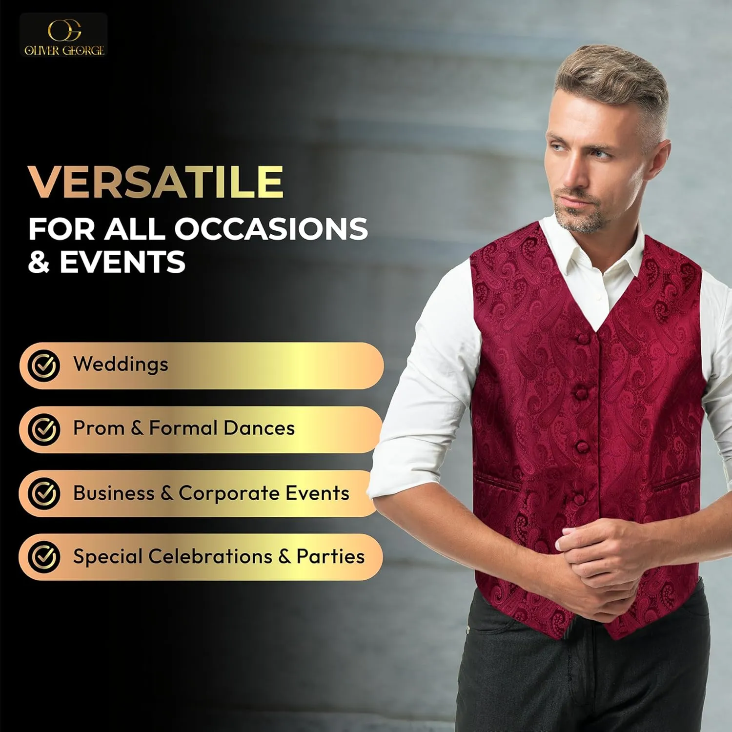 Oliver George Men's Paisley Formal Waistcoat Tuxedo Dress Vest Bow Tie Set for Suit or Tuxedo