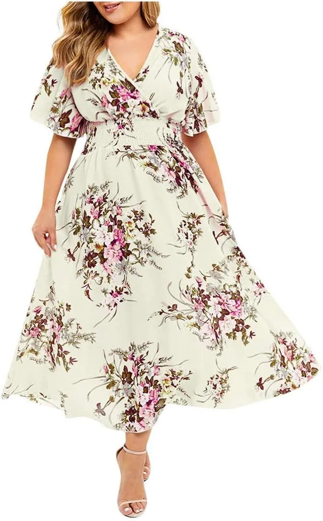 Ollysqiar Dresses Women's 2023 Floral Summer Dress Wrap V Neck Short Sleeve Belted Ruffle Hem A-Line Bohemian Dresses A02 2