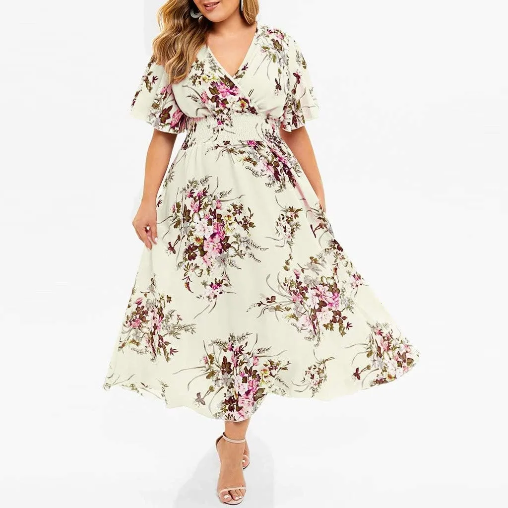 Ollysqiar Dresses Women's 2023 Floral Summer Dress Wrap V Neck Short Sleeve Belted Ruffle Hem A-Line Bohemian Dresses A02 2