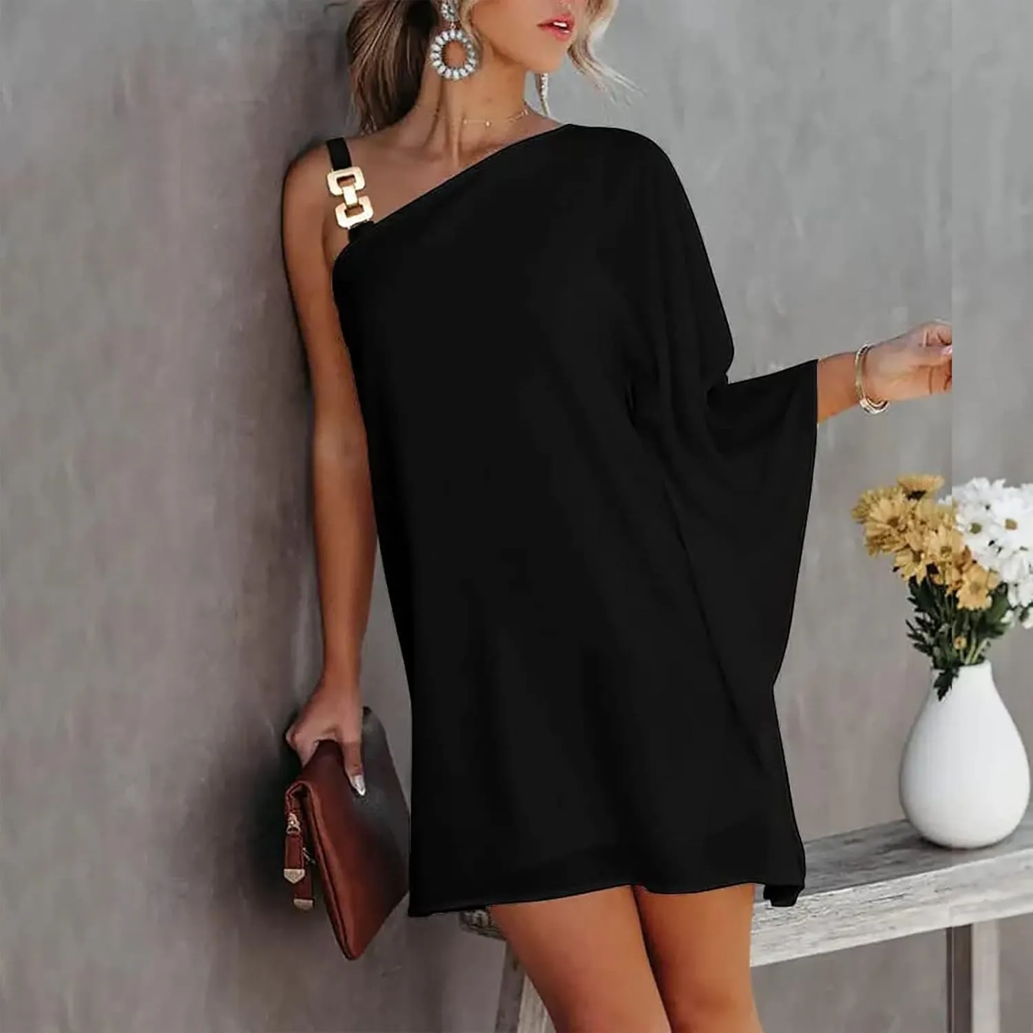 One Shoulder Dresses for Women,2024 Summer Trendy Batwing Sleeve Party Dress,Vintage Graphic Flowy Wedding Guest Dress