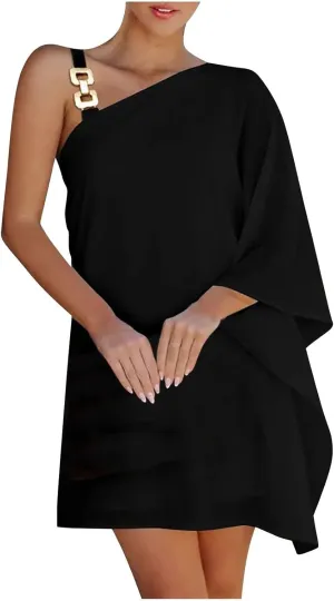 One Shoulder Dresses for Women,2024 Summer Trendy Batwing Sleeve Party Dress,Vintage Graphic Flowy Wedding Guest Dress
