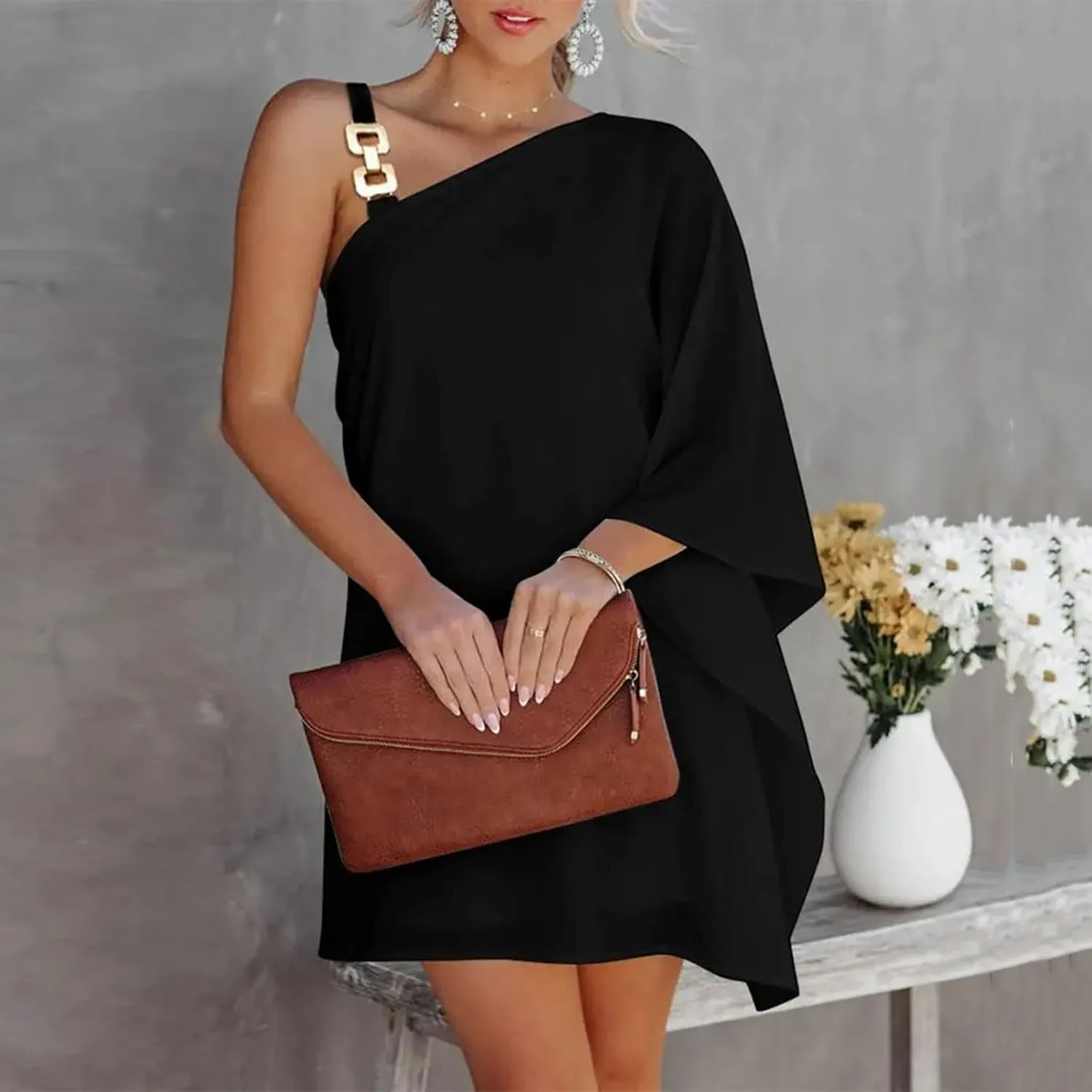One Shoulder Dresses for Women,2024 Summer Trendy Batwing Sleeve Party Dress,Vintage Graphic Flowy Wedding Guest Dress