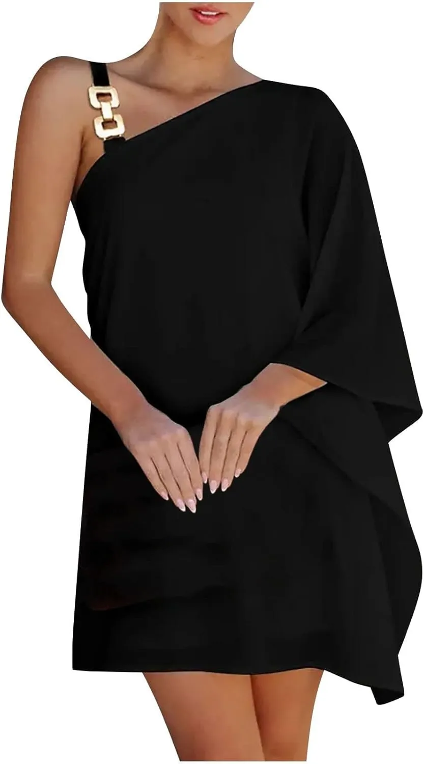 One Shoulder Dresses for Women,2024 Summer Trendy Batwing Sleeve Party Dress,Vintage Graphic Flowy Wedding Guest Dress