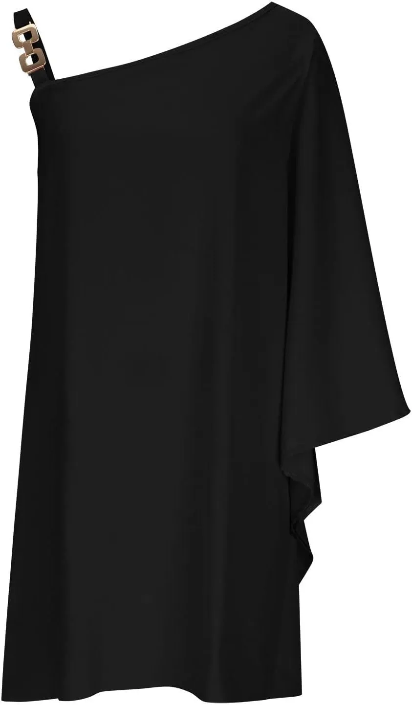One Shoulder Dresses for Women,2024 Summer Trendy Batwing Sleeve Party Dress,Vintage Graphic Flowy Wedding Guest Dress