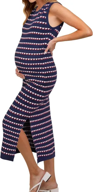 OUGES Women's 2025 Summer Maternity Dress Knit Sleeveless Crewneck Midi Dress Side Slit Striped Bodycon Sweater Dress