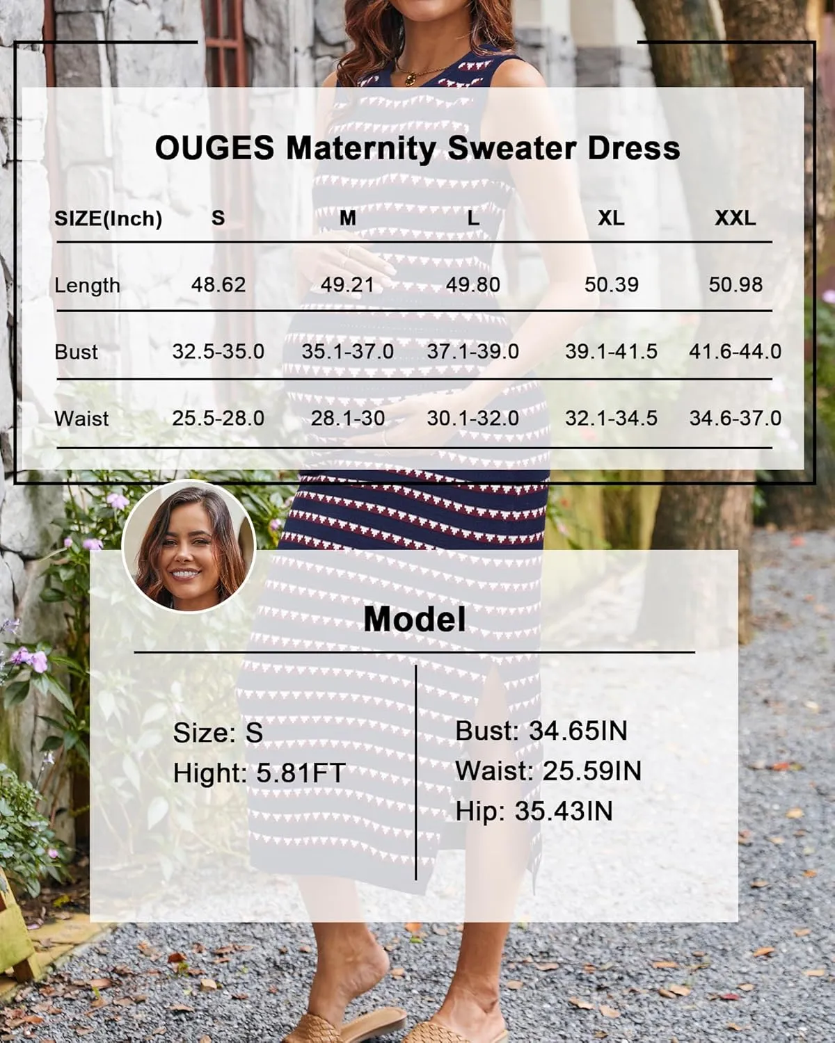 OUGES Women's 2025 Summer Maternity Dress Knit Sleeveless Crewneck Midi Dress Side Slit Striped Bodycon Sweater Dress