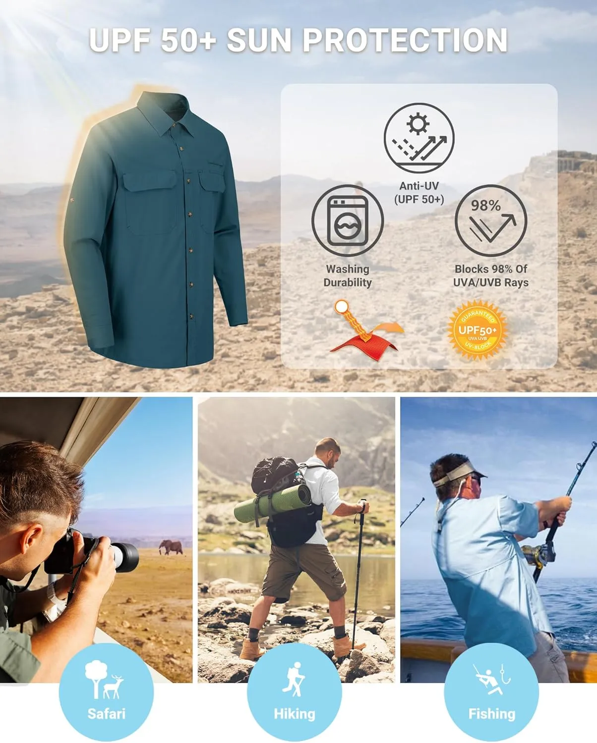 Outdoor Ventures Men's UPF 50  UV Sun Protection Shirt, Long Sleeve Hiking Fishing Shirt Cooling Quick Dry for Safari Travel