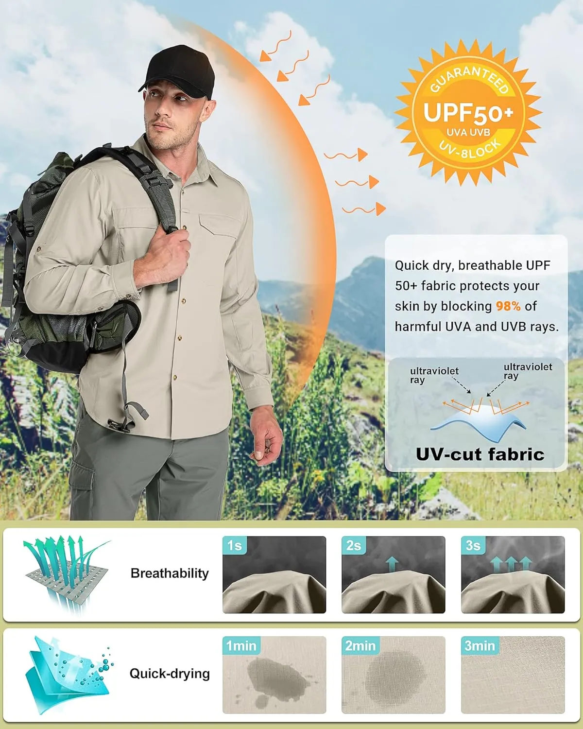 Outdoor Ventures Men's UPF 50  UV Sun Protection SPF Hiking Shirt Long Sleeve Lightweight Quick Dry for Safari Travel Fishing