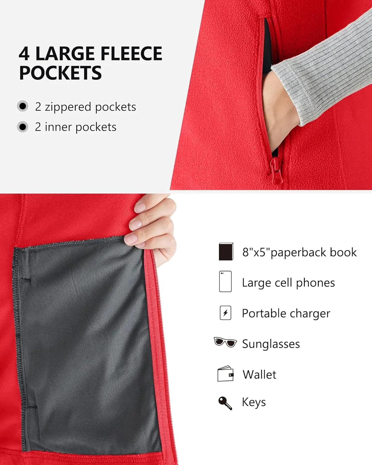 Outdoor Ventures Women's Fleece Vest, Zip Up Lightweight Soft Running Vest Outerwear Sleeveless with Pockets