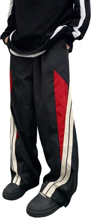 OYOANGLE Men's Colorblock Drawstring Waist Straight Wide Leg Baggy Pants with Pocket