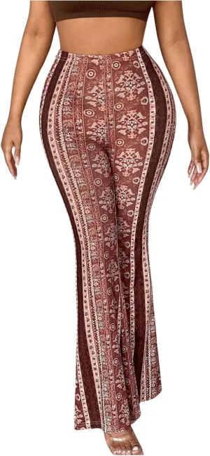 OYOANGLE Women's Floral Print High Waist Yoga Pants Wide Leg Pants Bell Bottom Trousers