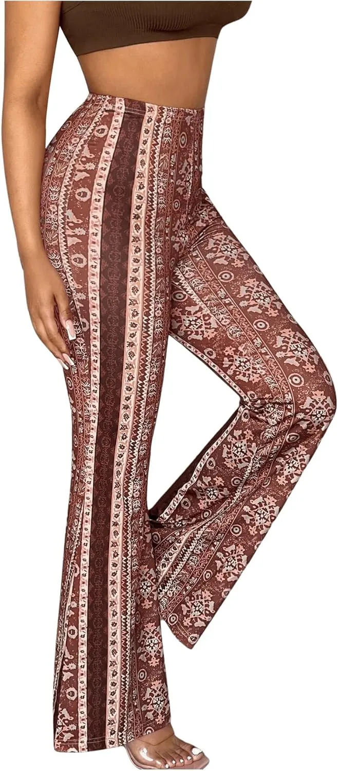 OYOANGLE Women's Floral Print High Waist Yoga Pants Wide Leg Pants Bell Bottom Trousers
