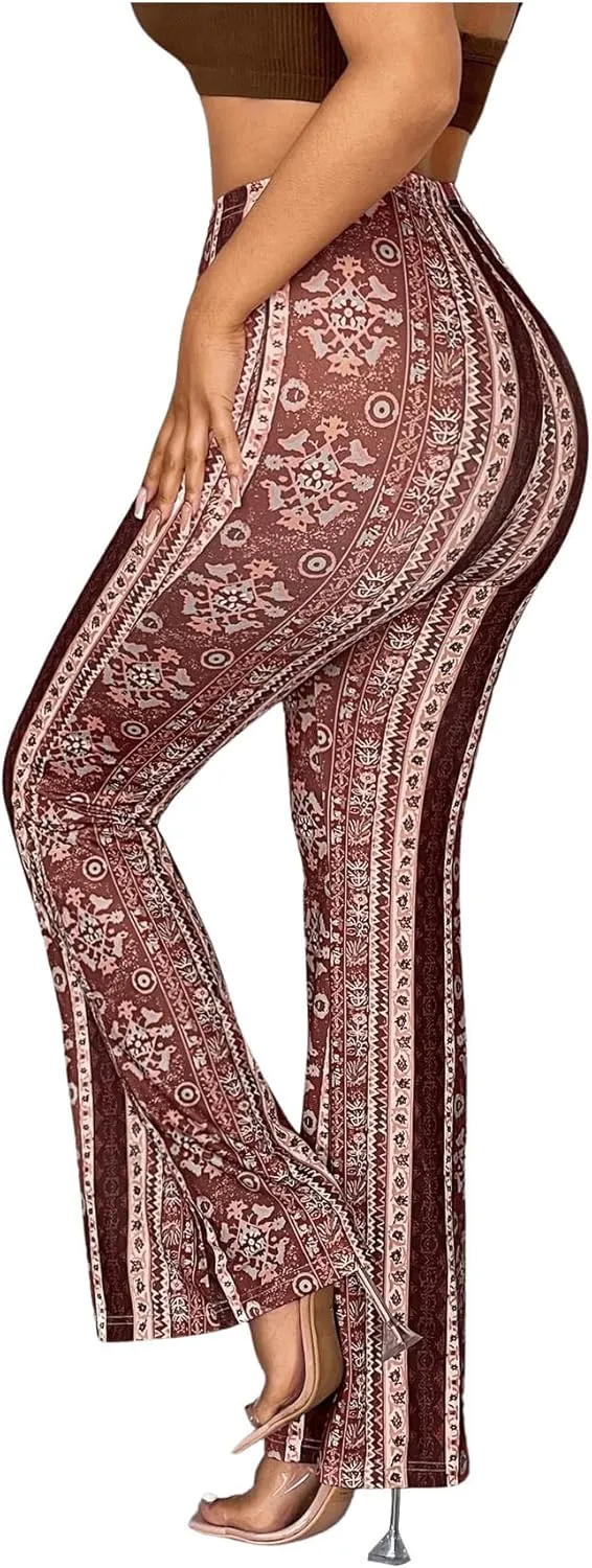 OYOANGLE Women's Floral Print High Waist Yoga Pants Wide Leg Pants Bell Bottom Trousers