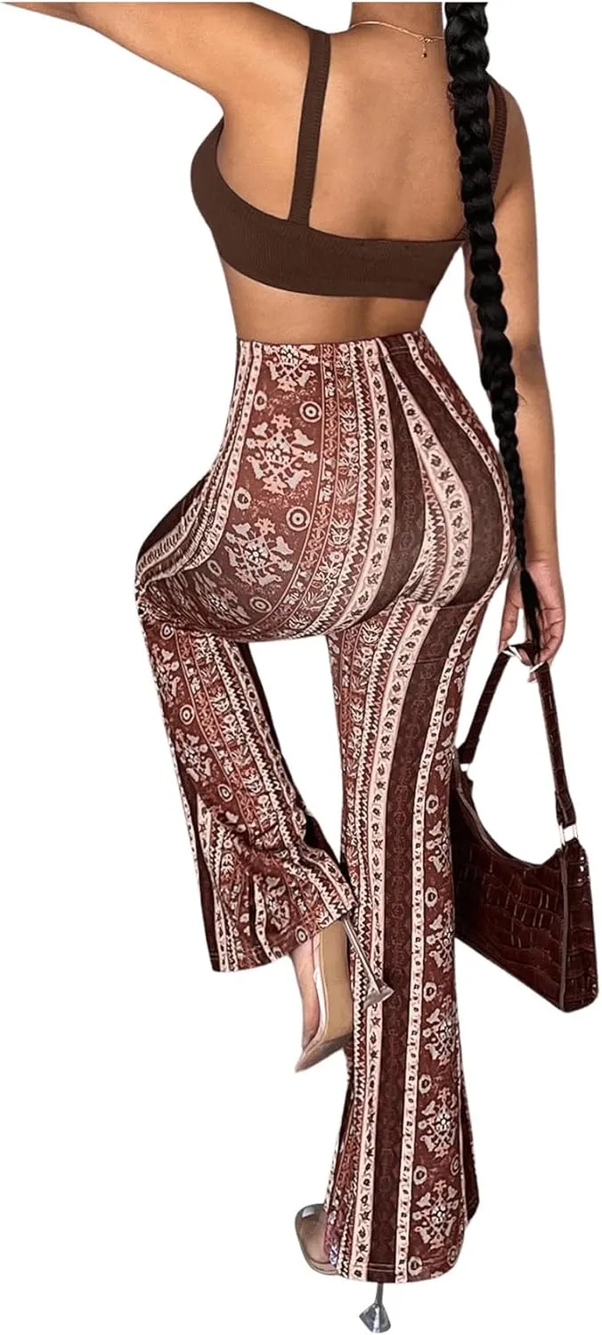 OYOANGLE Women's Floral Print High Waist Yoga Pants Wide Leg Pants Bell Bottom Trousers