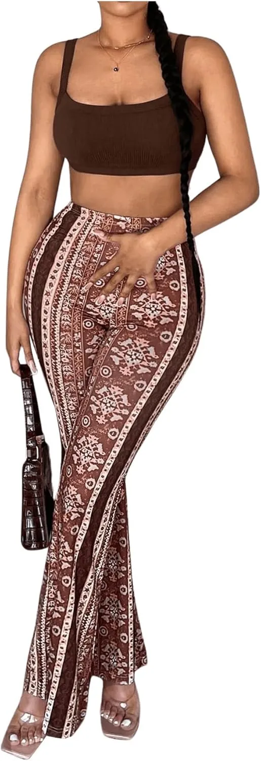 OYOANGLE Women's Floral Print High Waist Yoga Pants Wide Leg Pants Bell Bottom Trousers