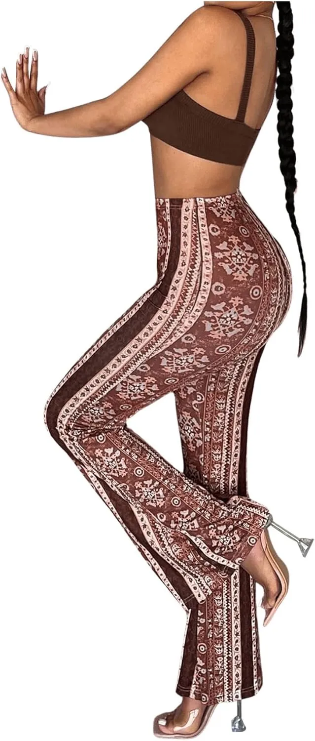 OYOANGLE Women's Floral Print High Waist Yoga Pants Wide Leg Pants Bell Bottom Trousers