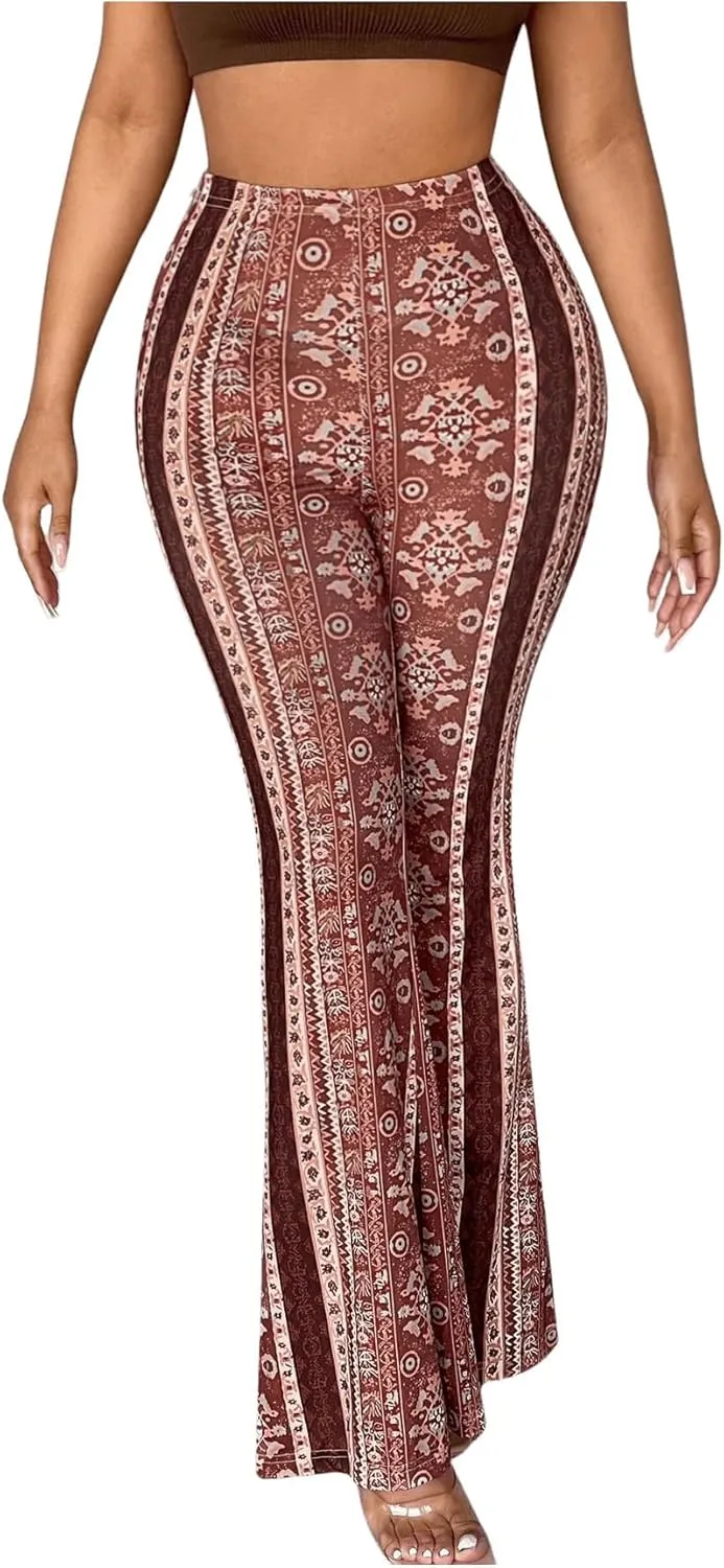 OYOANGLE Women's Floral Print High Waist Yoga Pants Wide Leg Pants Bell Bottom Trousers