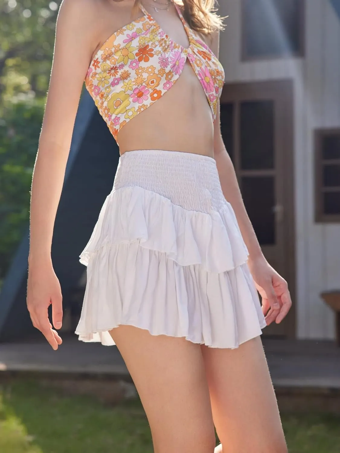 OYOANGLE Women's High Waist Tiered Skirt Cute Summer Flowy Ruffle Mini Skirts