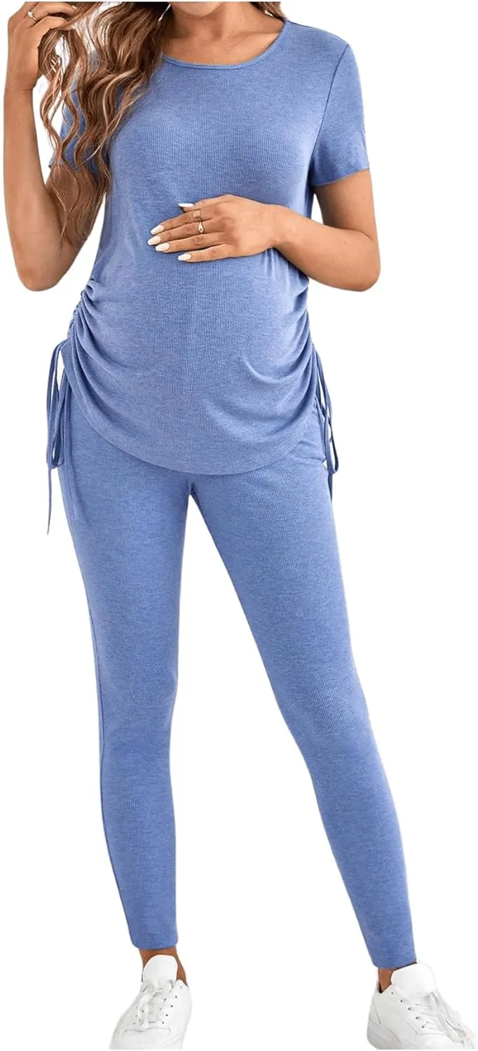 OYOANGLE Women's Maternity 2 Piece Outfits Drawstring Ruched Short Sleeve Ribbed Tee Top & Leggings Pregnancy Lounge Set