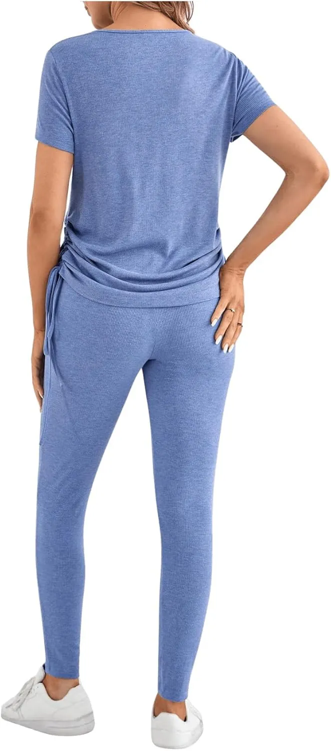 OYOANGLE Women's Maternity 2 Piece Outfits Drawstring Ruched Short Sleeve Ribbed Tee Top & Leggings Pregnancy Lounge Set